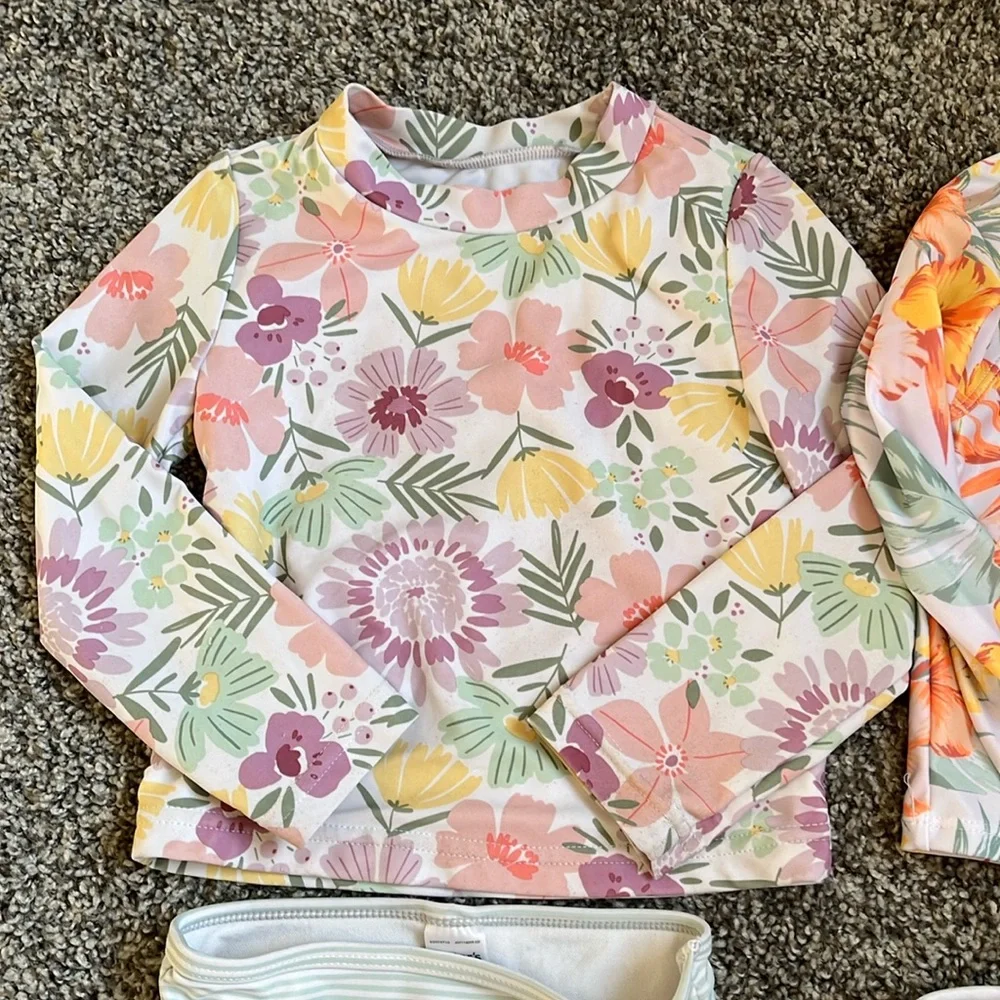 Girls' Long Sleeve Floral Rash Guard Swim Set - Pink & Orange